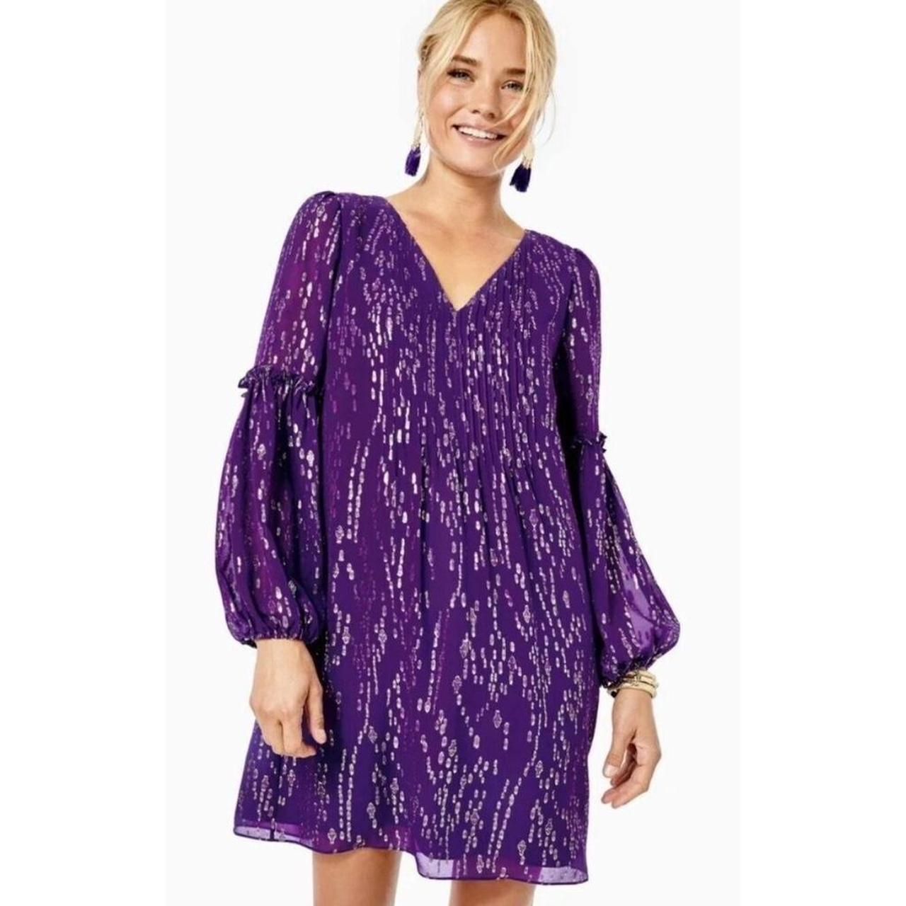 Lilly Pulitzer Silk Dress Purple Berry Fish Clip Print Metallic V-Neck Size 6